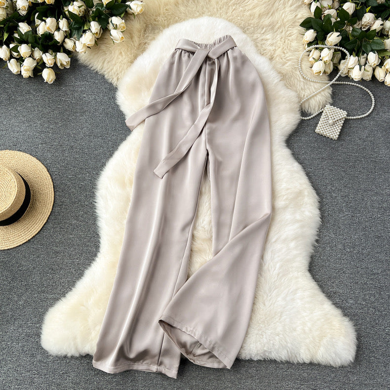 Frenchy Belted Wide Leg Satin Pants