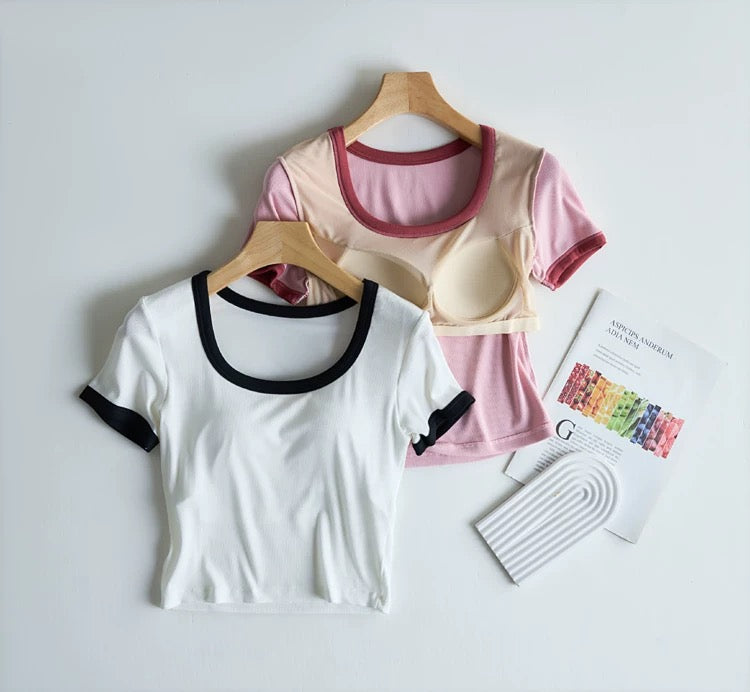Macaron Contrast Built-In Bra Tshirt