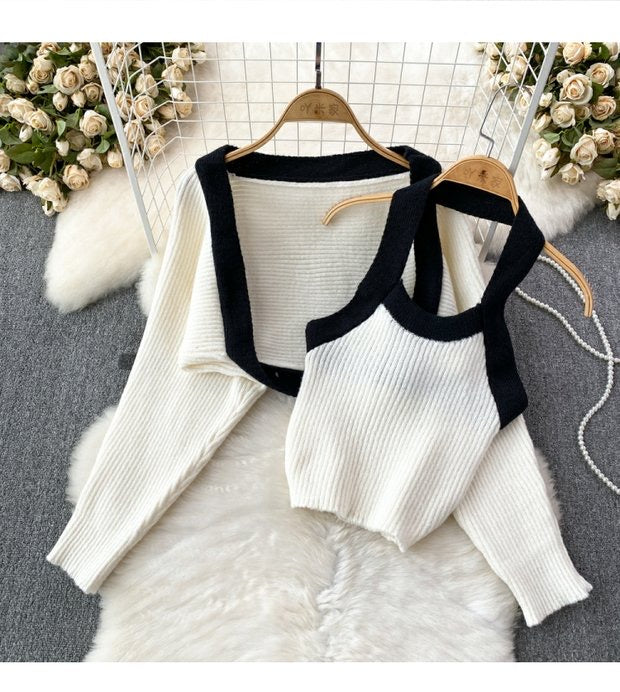 Ribbed Halter Top With Cropped cardigan