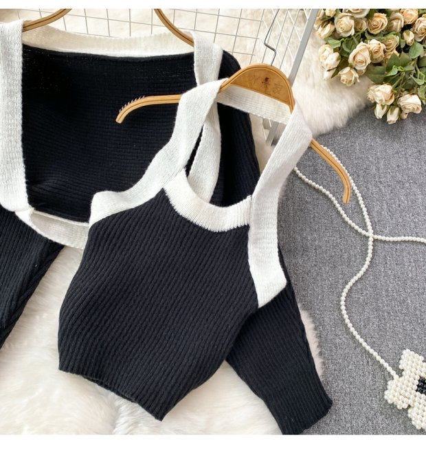 Ribbed Halter Top With Cropped cardigan