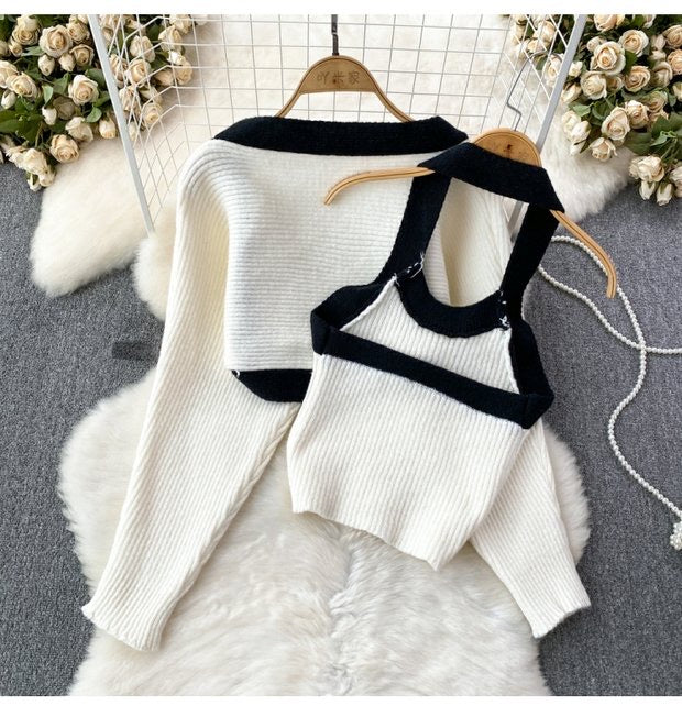 Ribbed Halter Top With Cropped cardigan