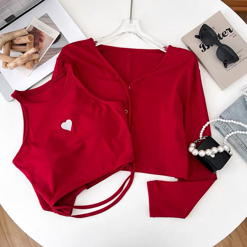 Verden Heart Built-In Bra Top with Cardigan