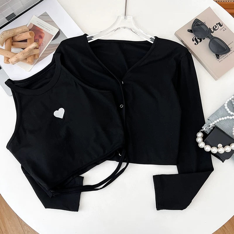 Verden Heart Built-In Bra Top with Cardigan