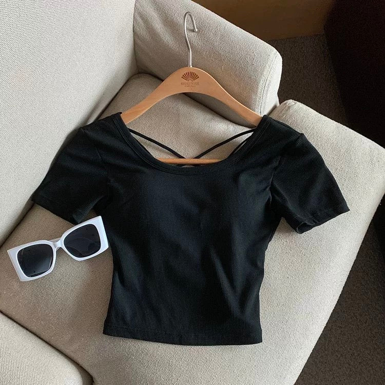 Aria Back Criss-Cross Built-In Bra Crop T-shirt