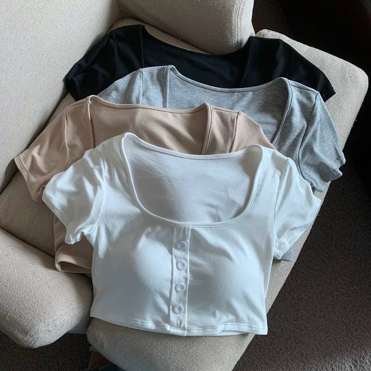 Nina Buttoned Built-In Bra Crop T-shirt