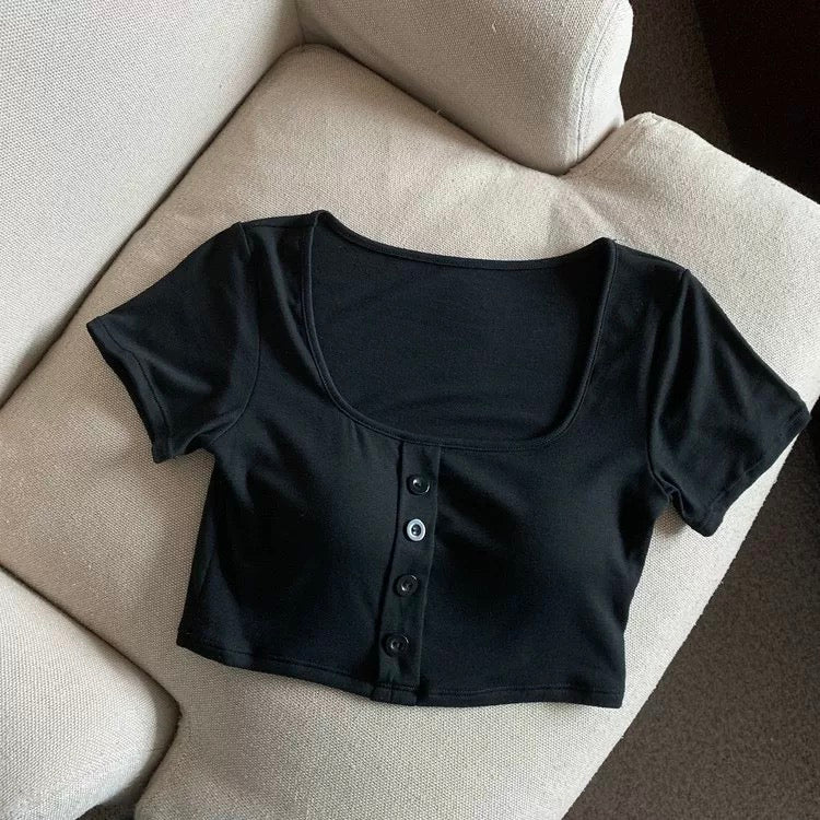 Nina Buttoned Built-In Bra Crop T-shirt