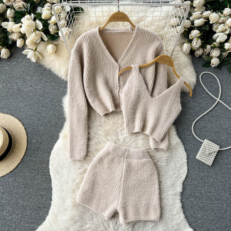 Fuzzy Knitted Vest With Cardigan and Shorts
