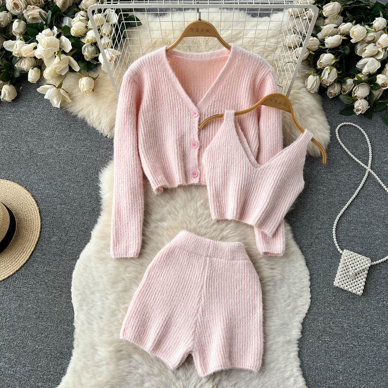 Fuzzy Knitted Vest With Cardigan and Shorts