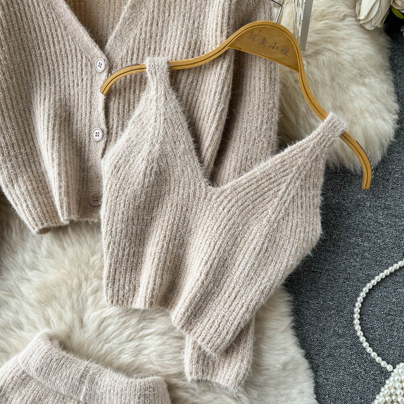 Fuzzy Knitted Vest With Cardigan and Shorts