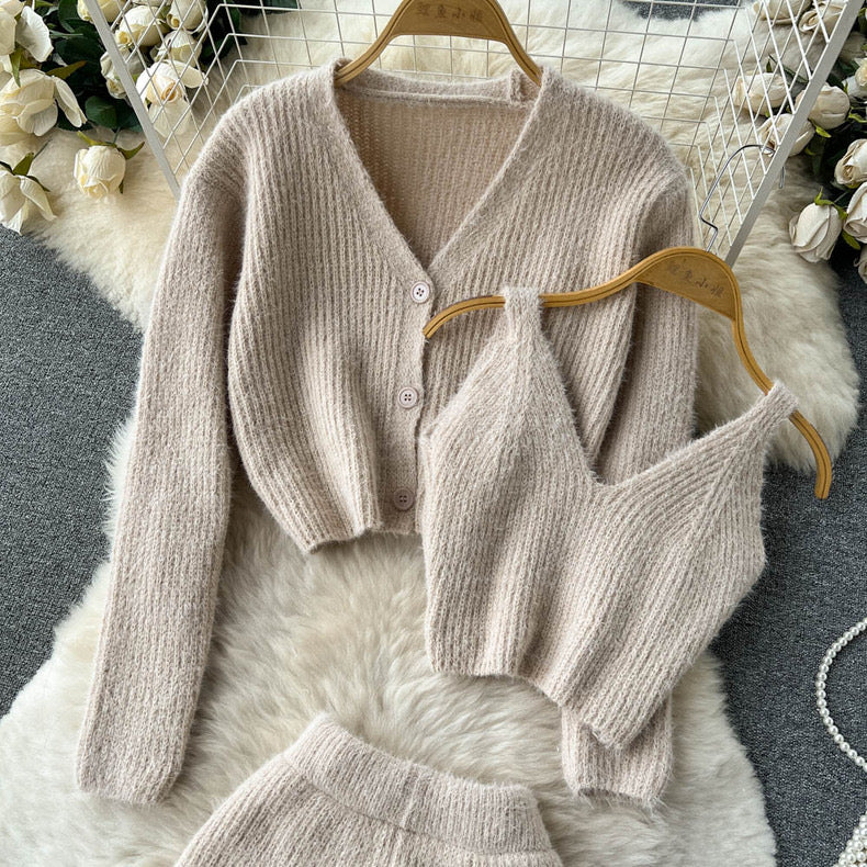 Fuzzy Knitted Vest With Cardigan and Shorts
