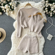 Fuzzy Knitted Vest With Cardigan and Shorts