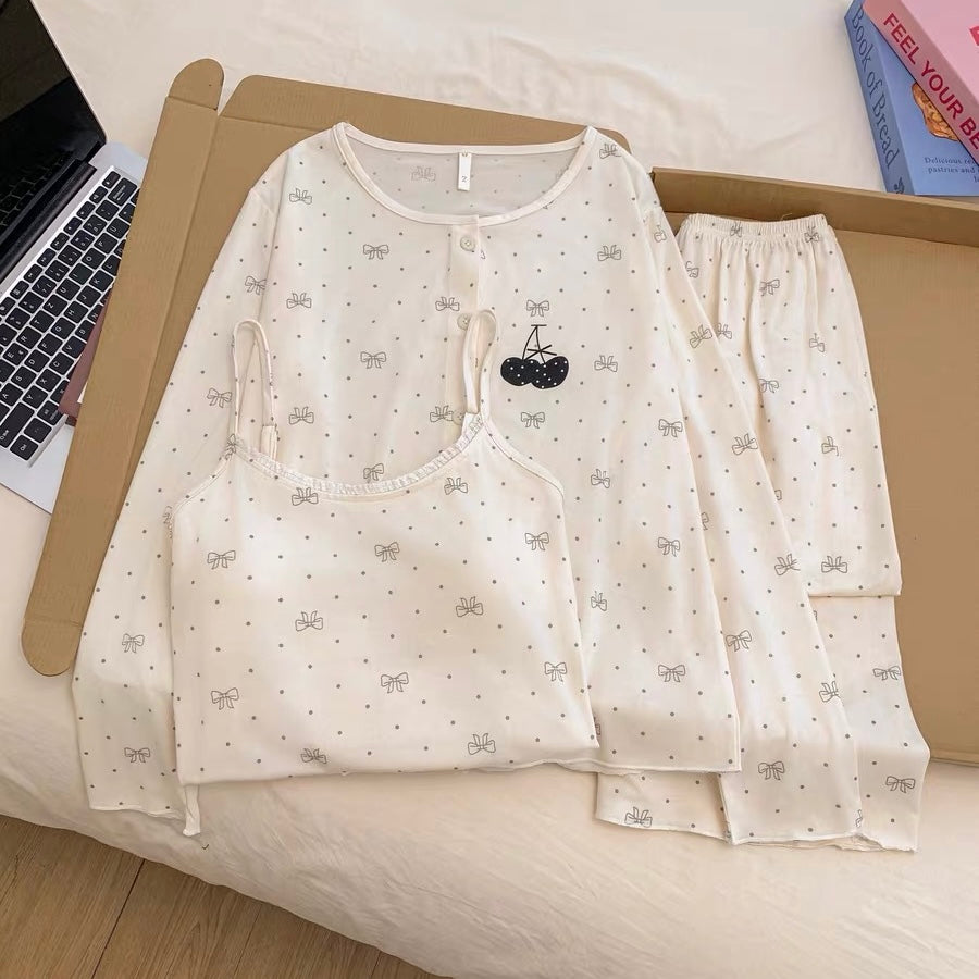 Soft Vanilla Bow Padded Nightsuit - 3pc Set