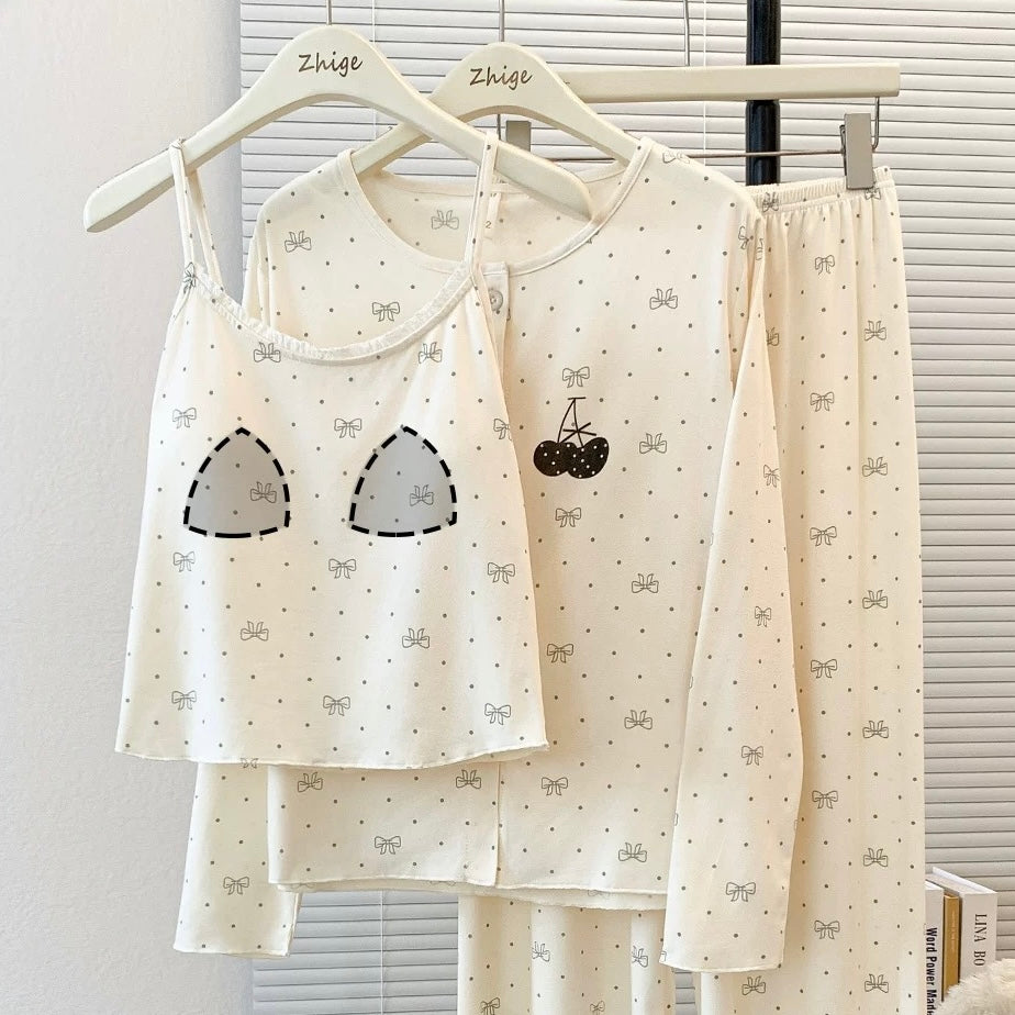 Soft Vanilla Bow Padded Nightsuit - 3pc Set