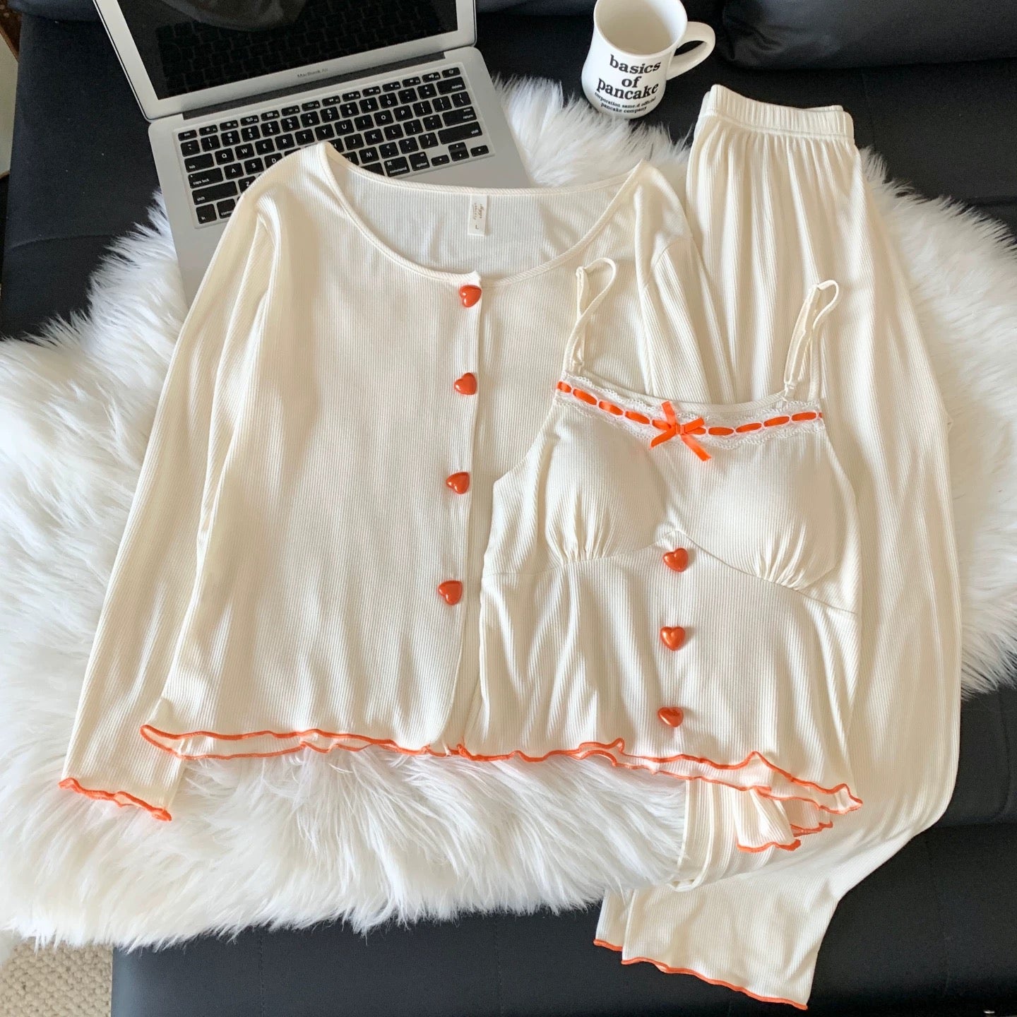 Creamy Heart Padded Nightsuit - 3pc Set