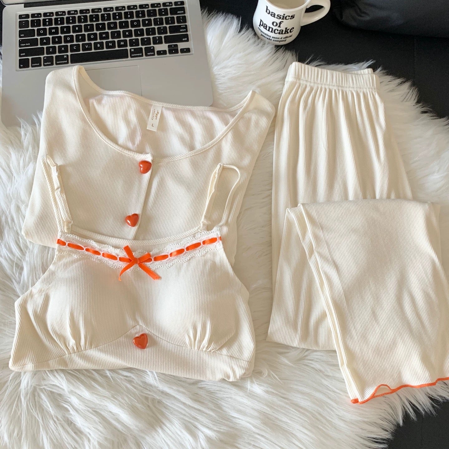 Creamy Heart Padded Nightsuit - 3pc Set