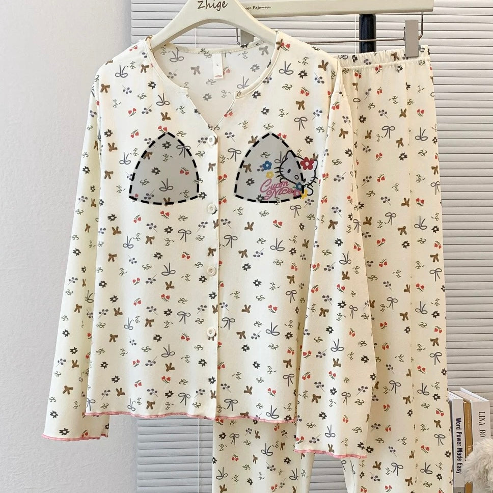 Cute Kitty Bow Padded Nightsuit Set