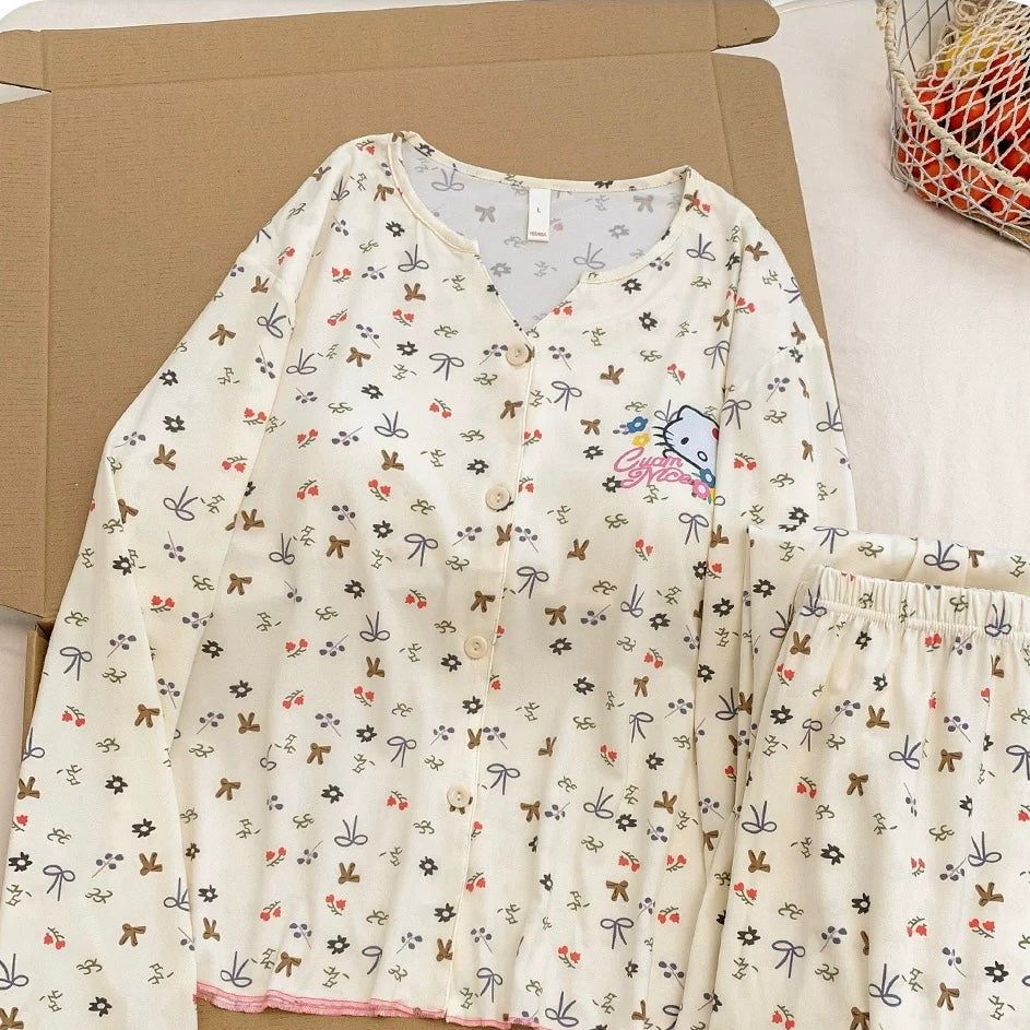 Cute Kitty Bow Padded Nightsuit Set