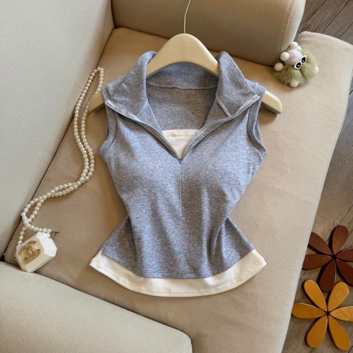 Polo Zip Up Built-in Bra Top
