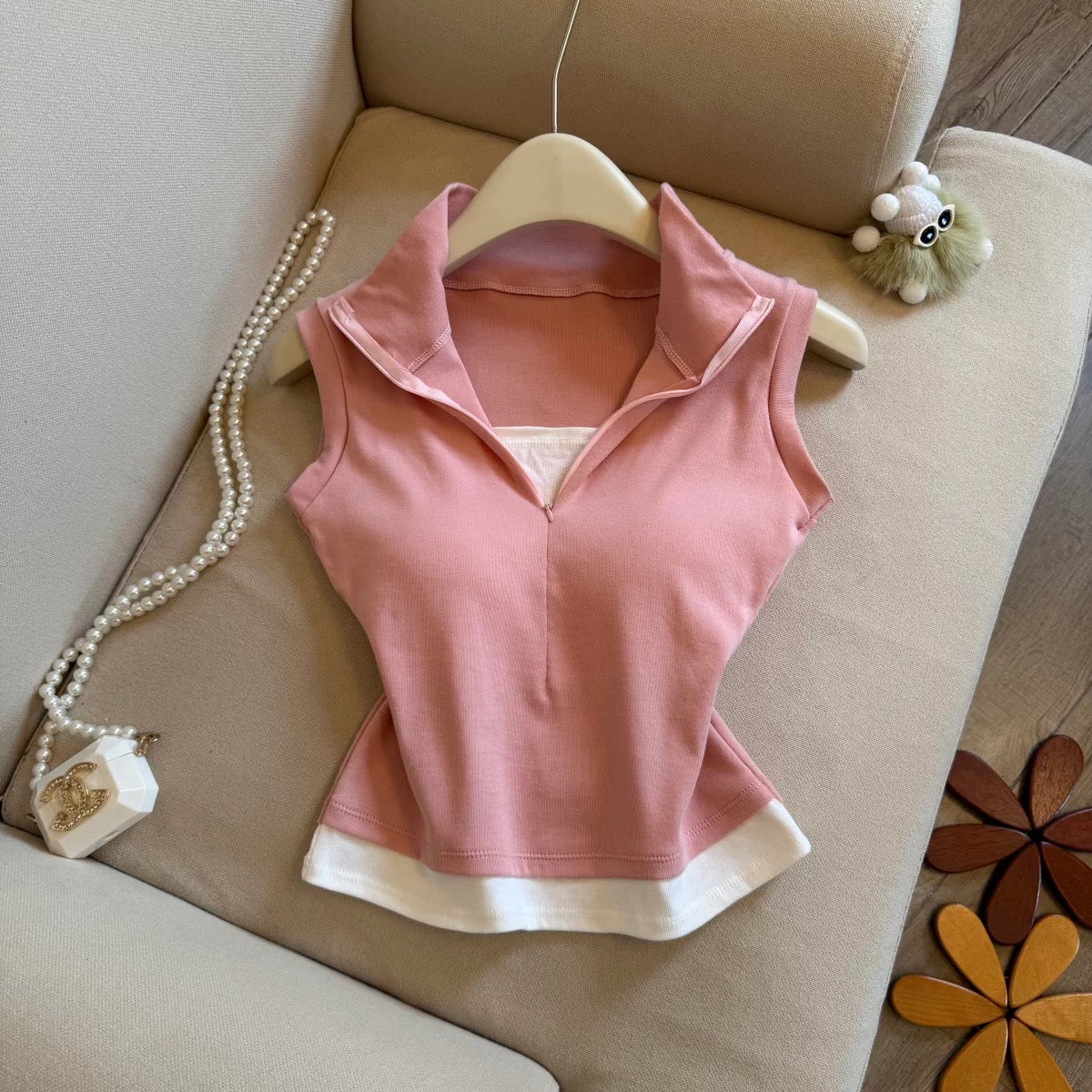 Polo Zip Up Built-in Bra Top