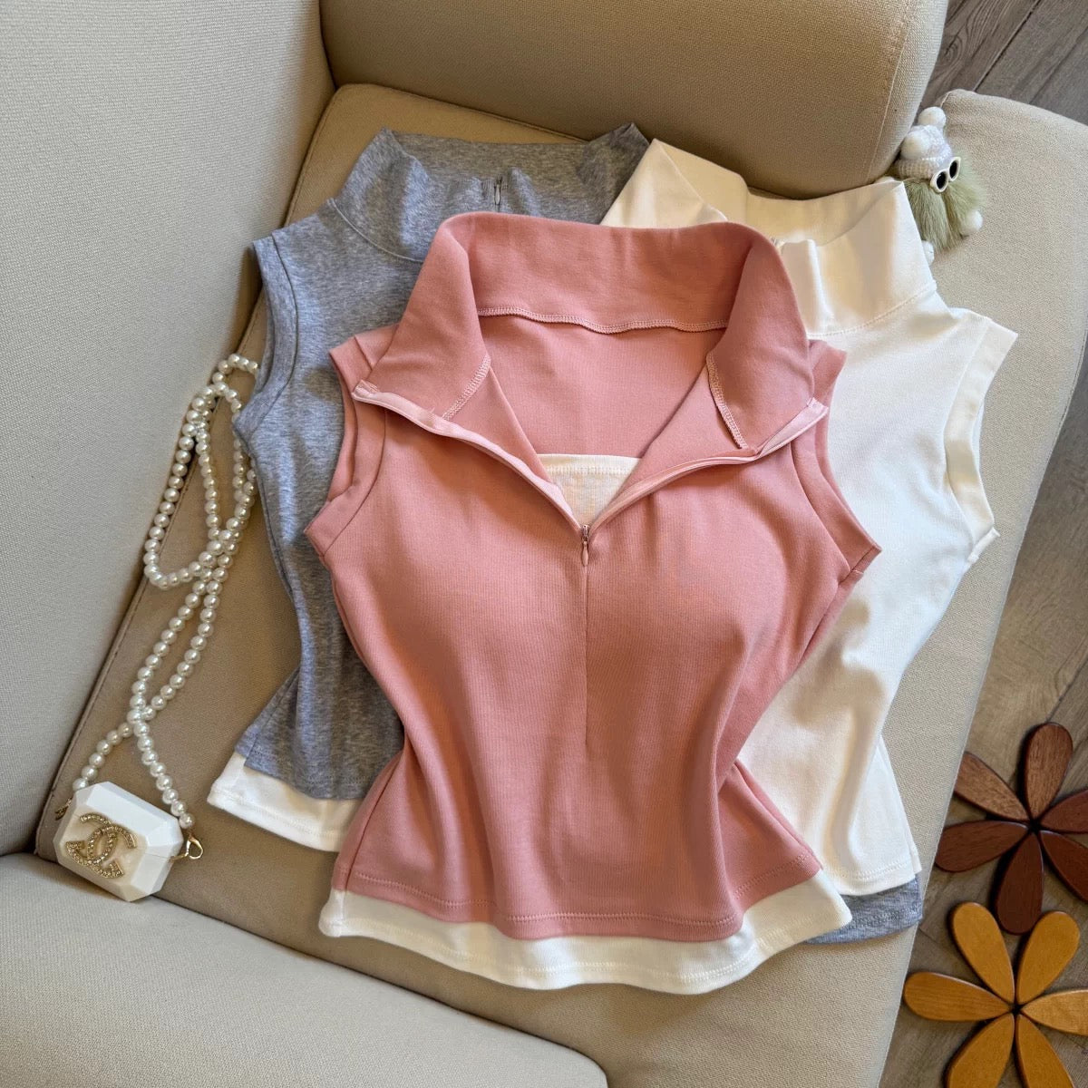 Polo Zip Up Built-in Bra Top