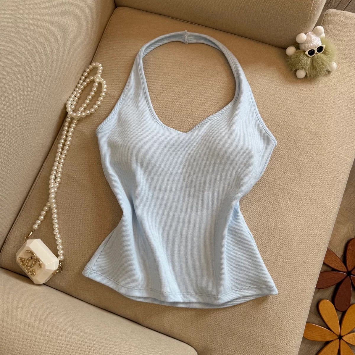 Sundaze Ribbed Halter Built-in Bra Top