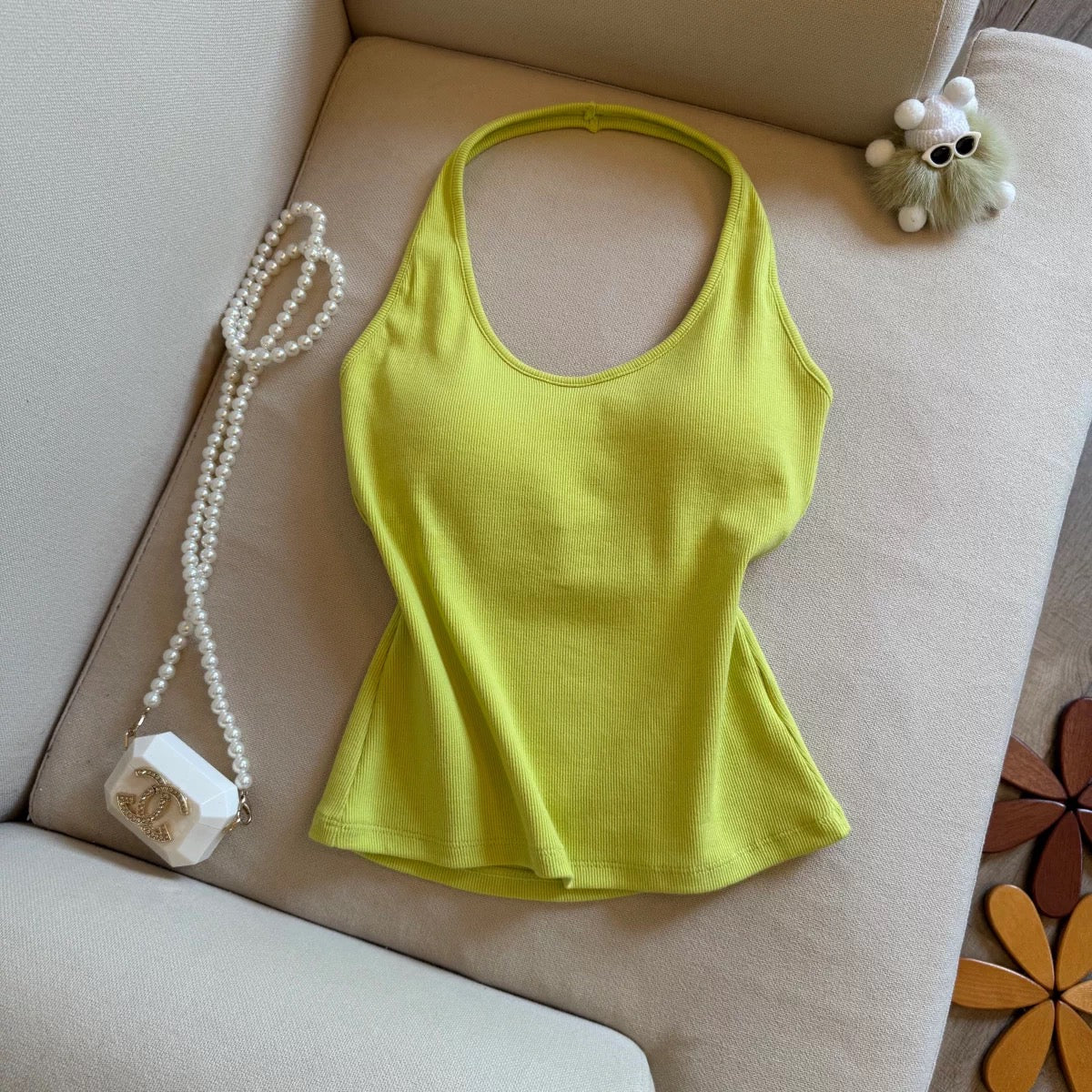 Sundaze Ribbed Halter Built-in Bra Top