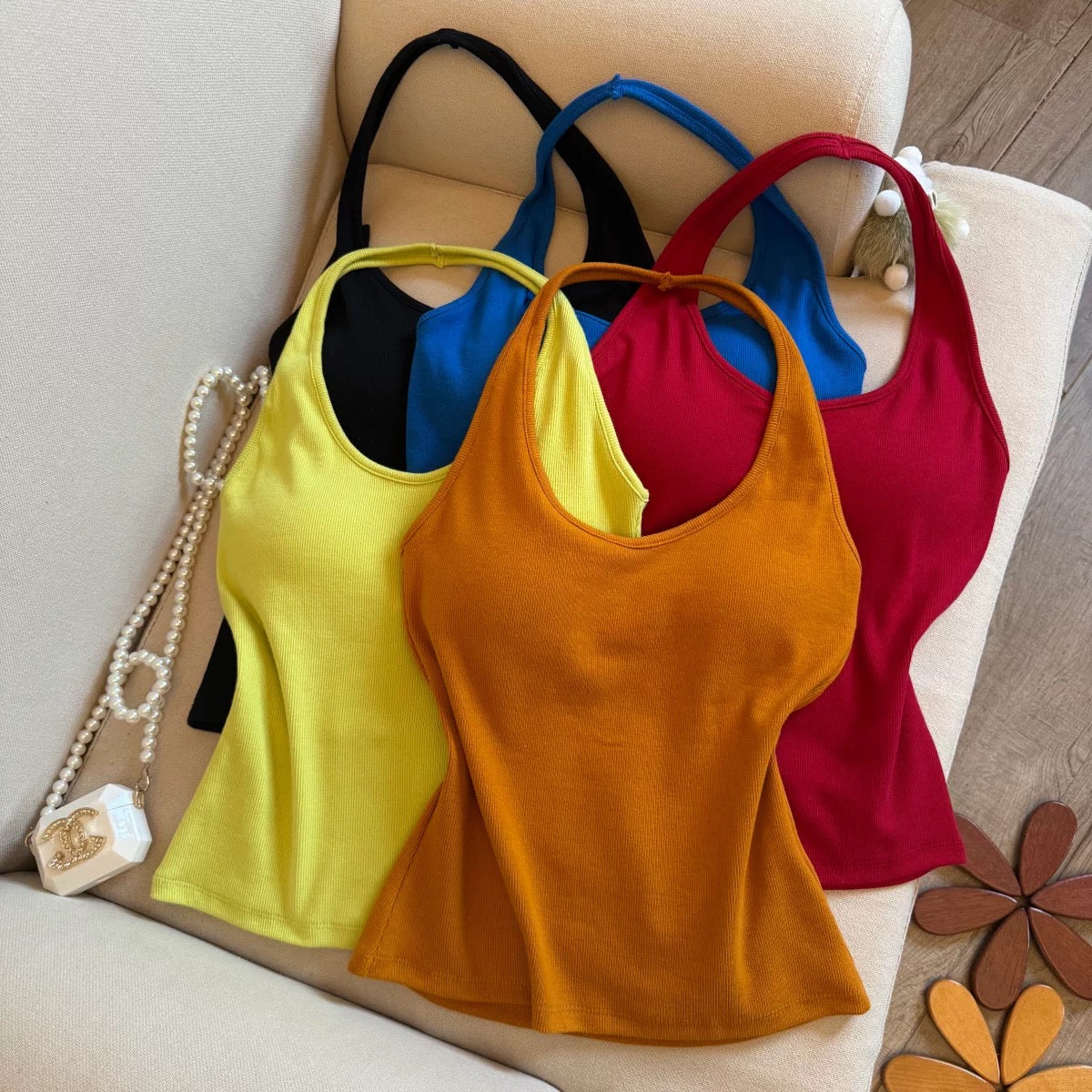 Sundaze Ribbed Halter Built-in Bra Top
