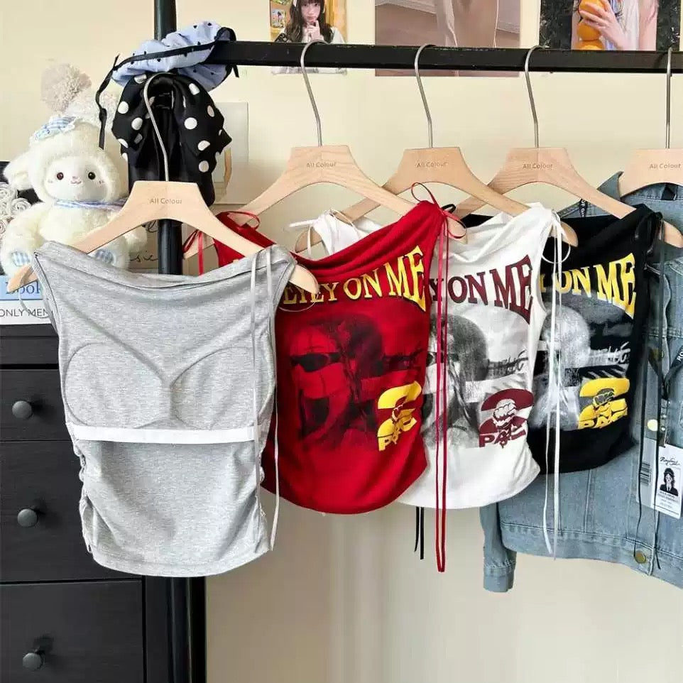 Drawstring Side Graphic Built-in Bra Top