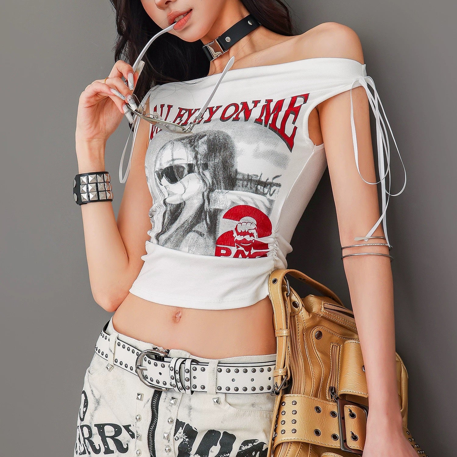 Drawstring Side Graphic Built-in Bra Top
