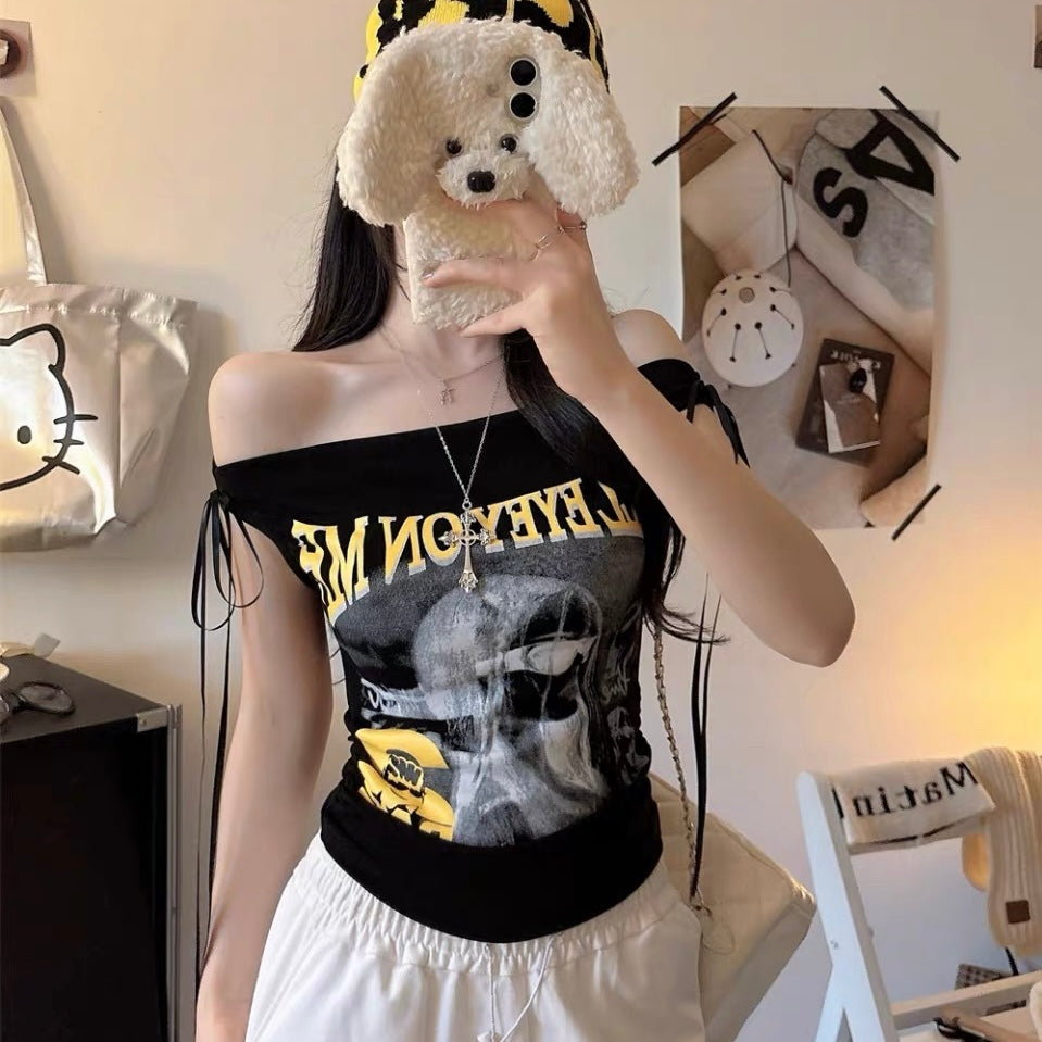 Drawstring Side Graphic Built-in Bra Top