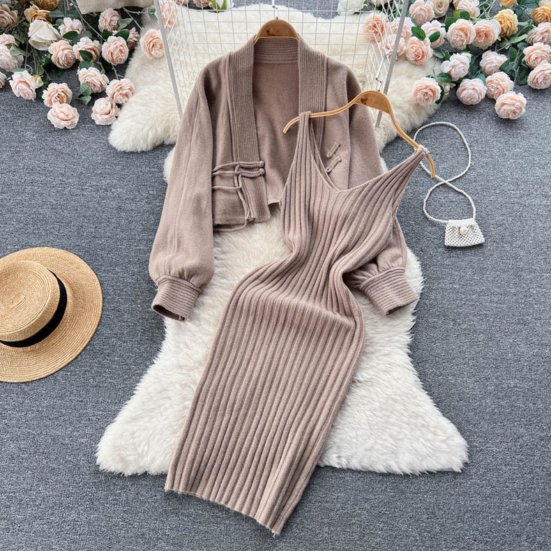 Rib-Knit Bodycon Dress with Crop Cardigan