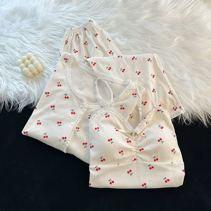 Little Cherries Padded Nightsuit - 3pc Set