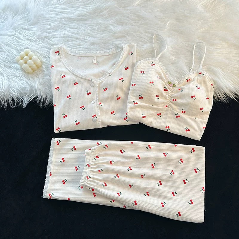Little Cherries Padded Nightsuit - 3pc Set