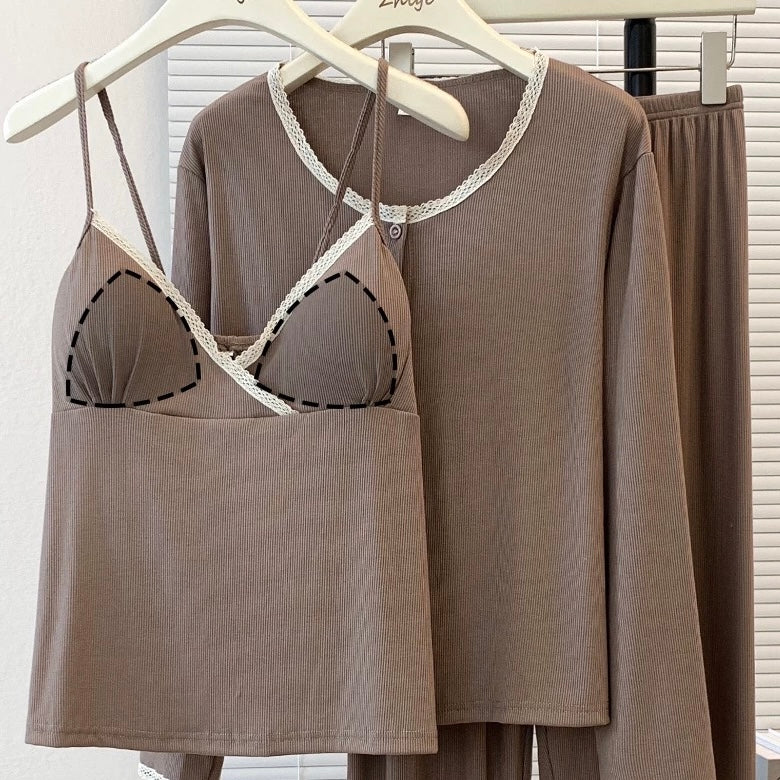 Warm Mocha Padded Nightsuit - 3pc Set