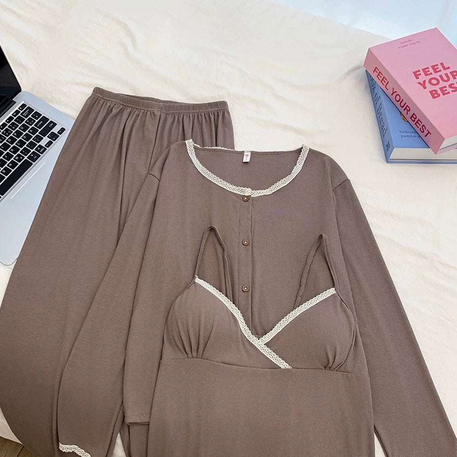 Warm Mocha Padded Nightsuit - 3pc Set