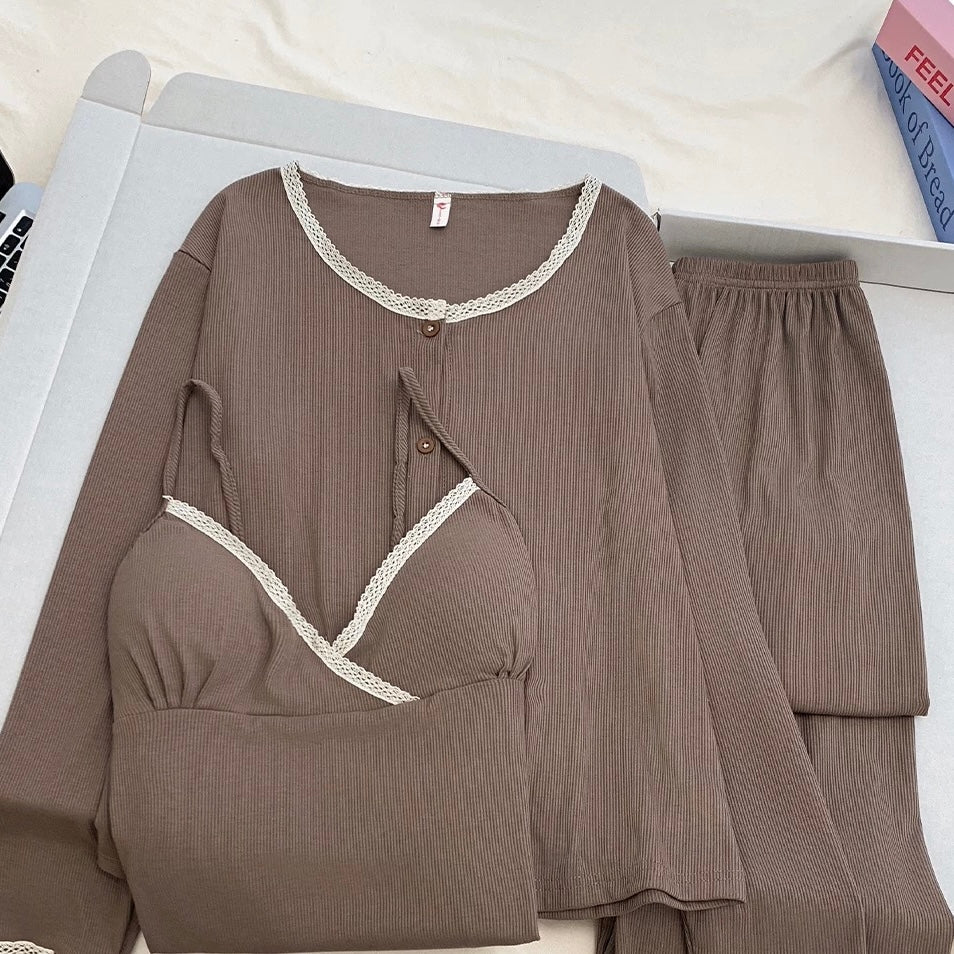 Warm Mocha Padded Nightsuit - 3pc Set