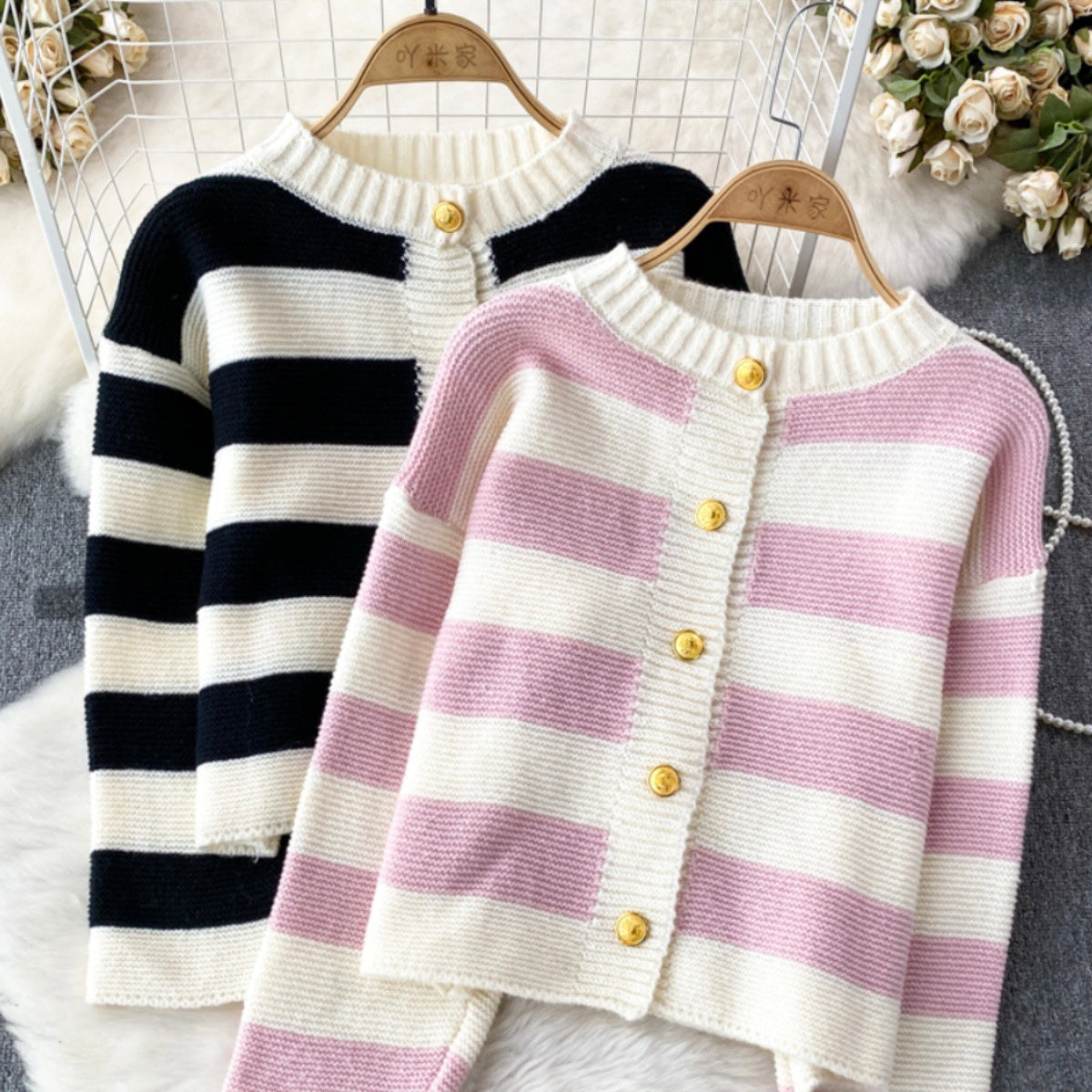 Rib-Knit Striped Cardigan