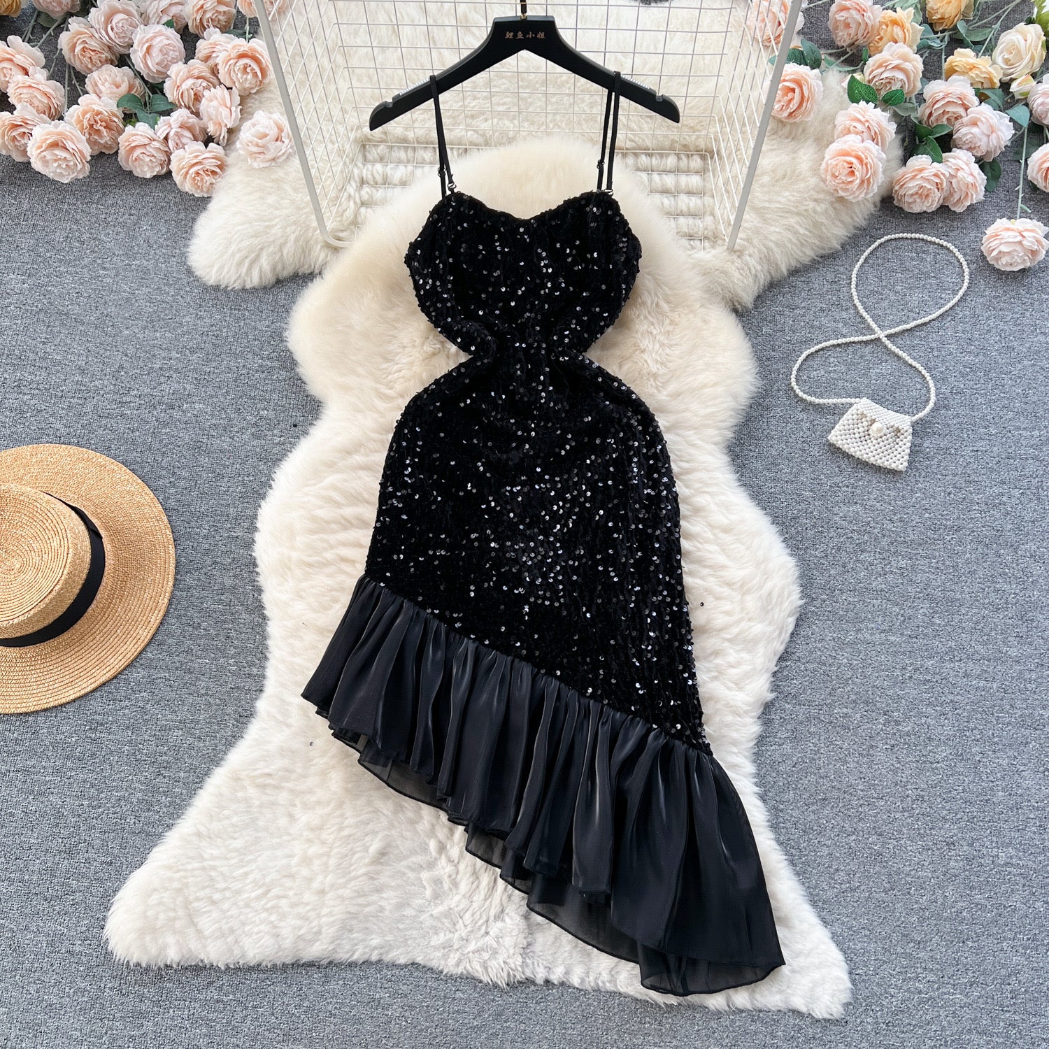 Asymmetric Ruffle Sequined Dress