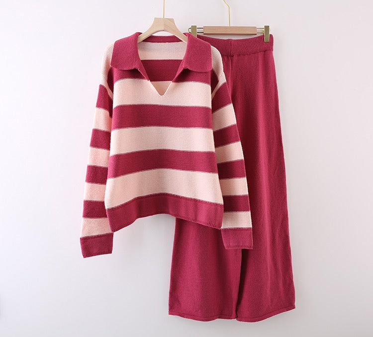 Collar Wide Stripe Jumper and Pants Set