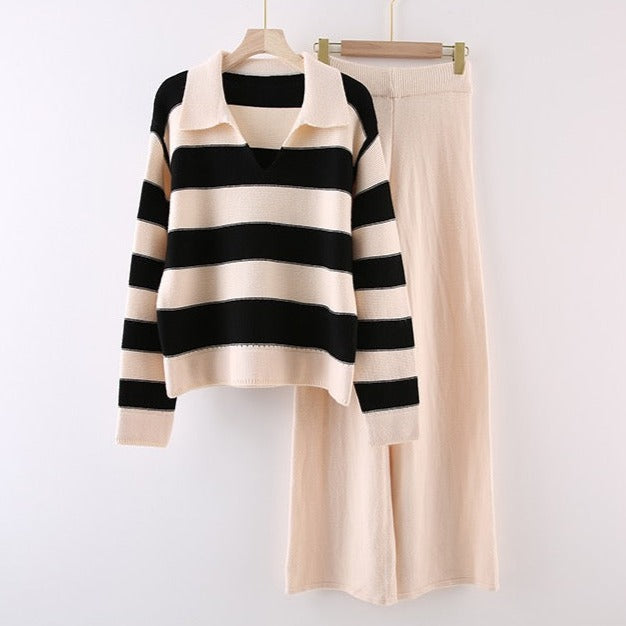 Collar Wide Stripe Jumper and Pants Set