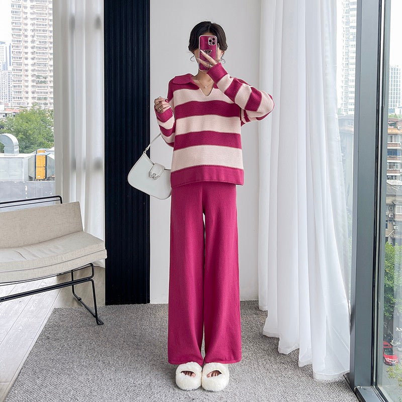 Collar Wide Stripe Jumper and Pants Set