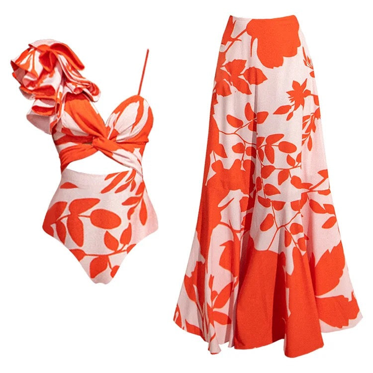 Tropical Bloom Monokini and Maxi Skirt Set