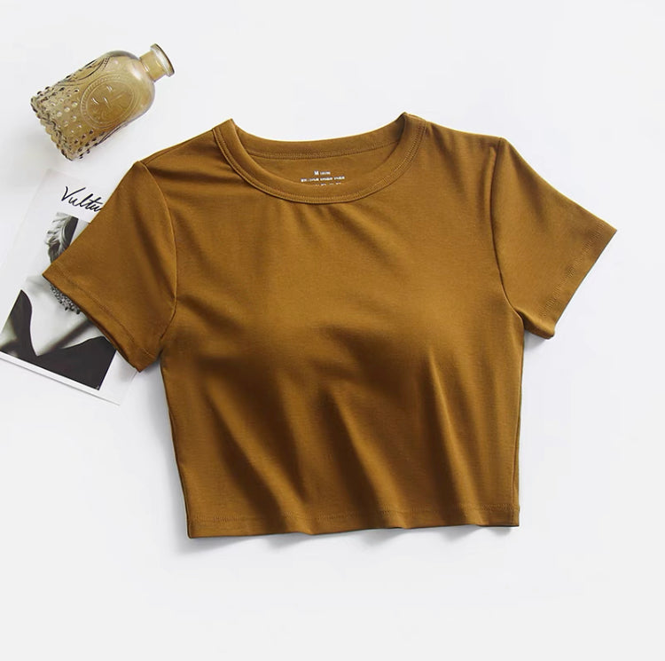 Built In Bra Cropped T-shirt - Brown / S