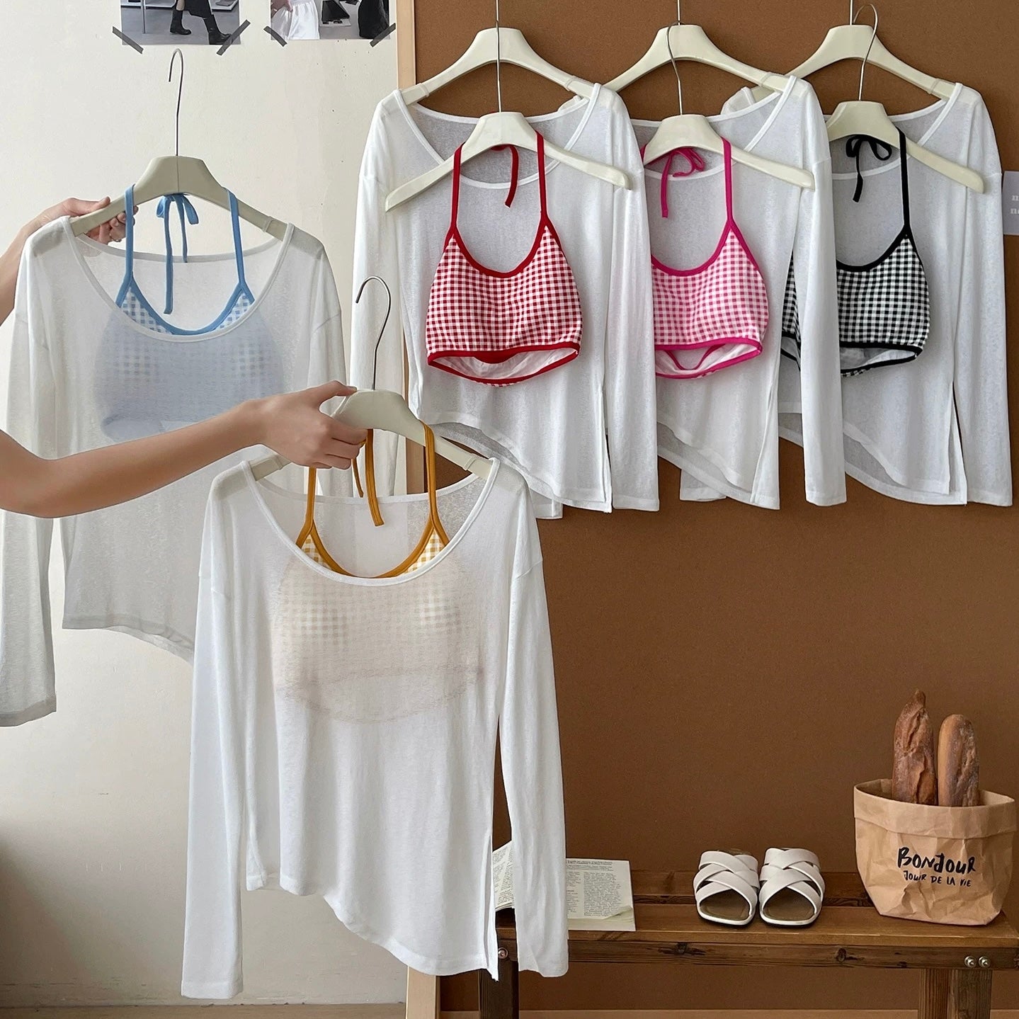 Playful Check Built-in Bra Top With Sheer Tee