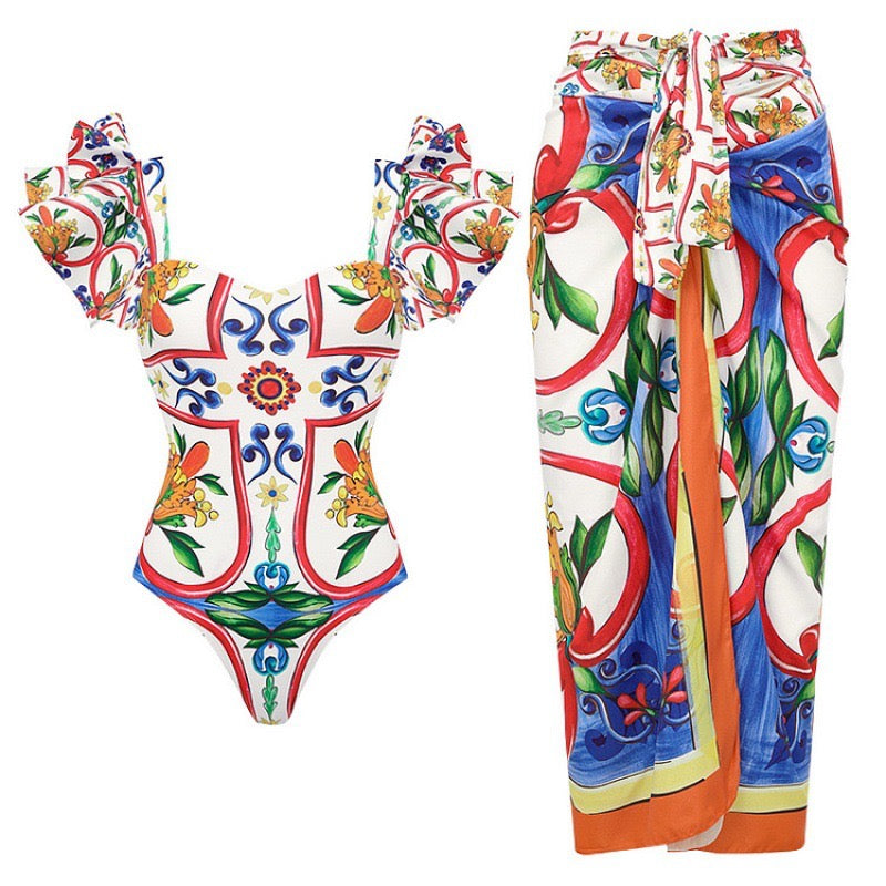 Retro Enamel Monokini With Sarong Set