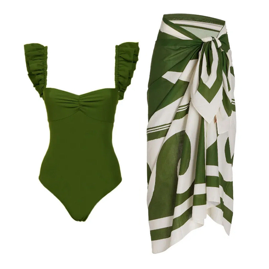 Kiwi Ruffle Monokini with Sarong Set