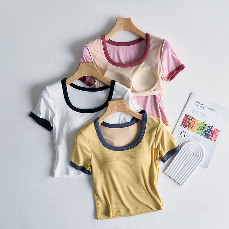 Macaron Contrast Built-In Bra Tshirt