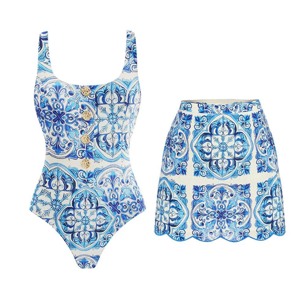 Blue Mosaic Monokini With Skirt Set