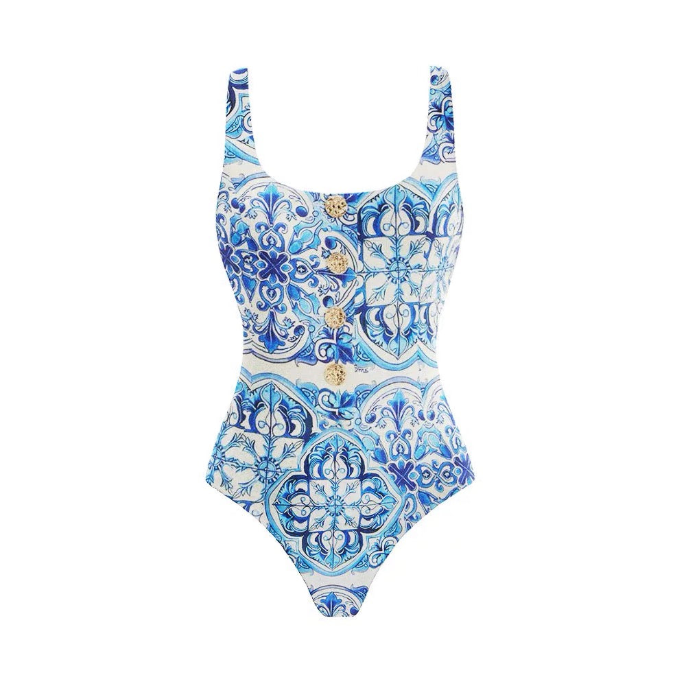 Blue Mosaic Monokini With Skirt Set