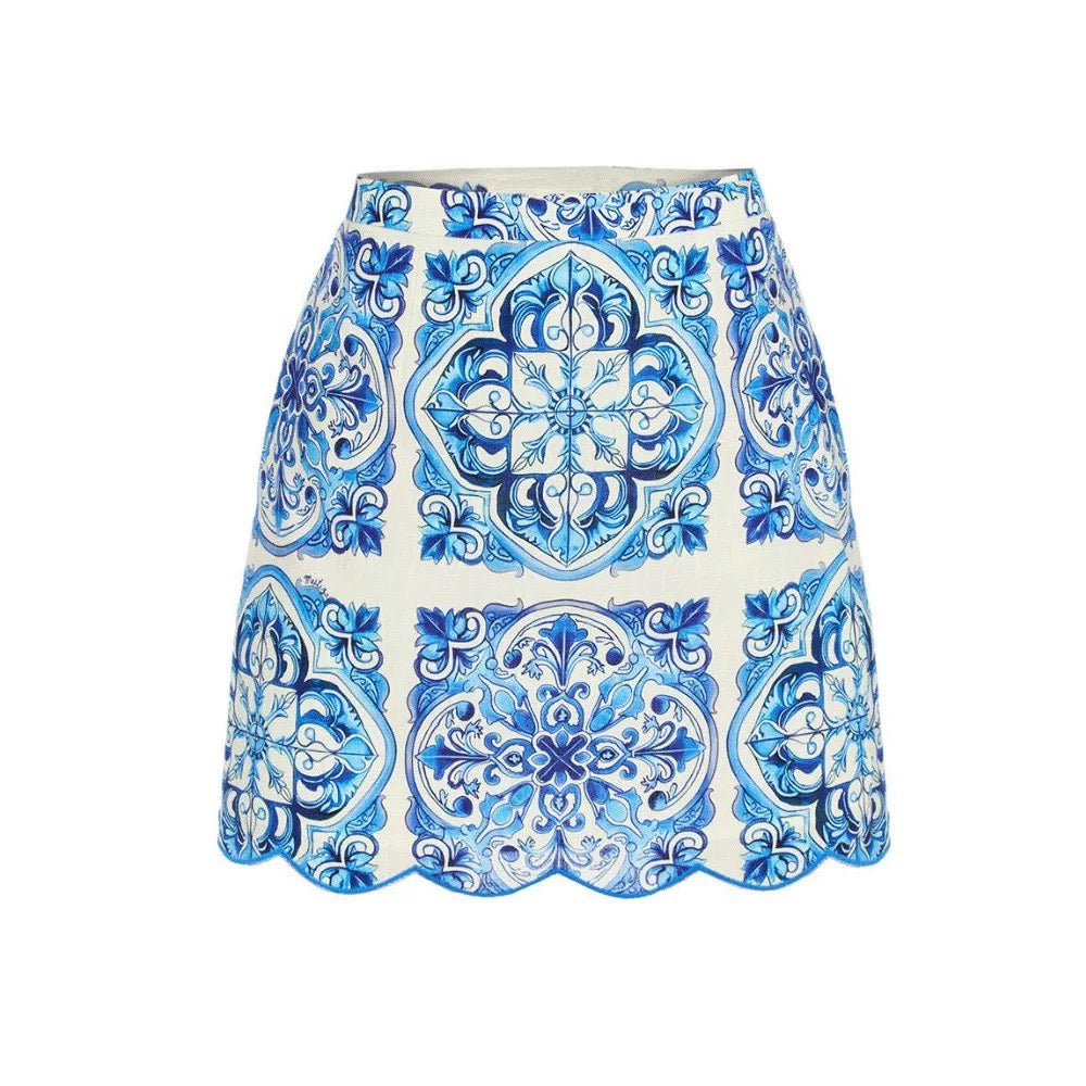 Blue Mosaic Monokini With Skirt Set